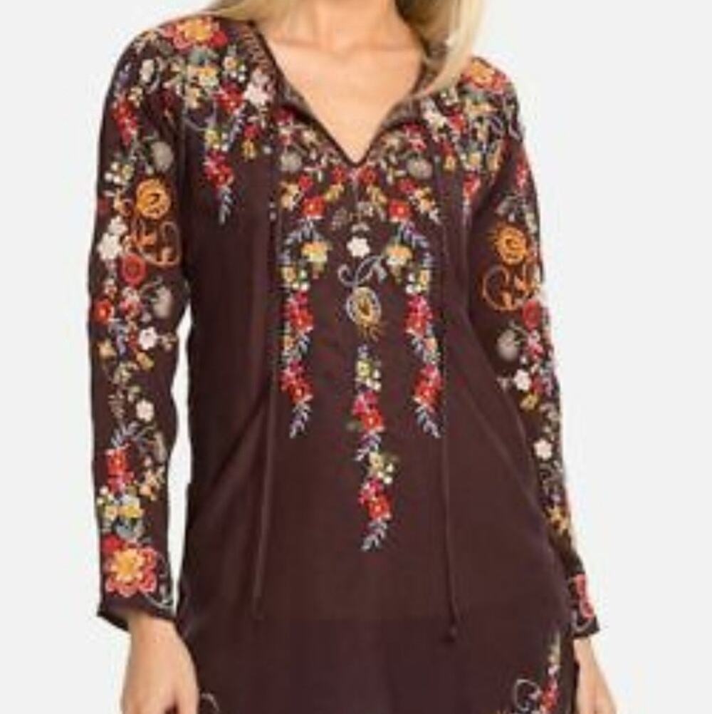 Johnny Was Autumn Bloom Tunic Womens Small Raisin Embroidered Top Floral Boho